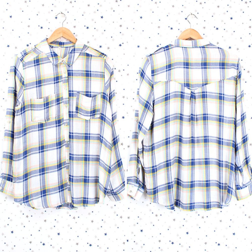 Rayon Plaid Button Up Shirt Off White Blue Yellow